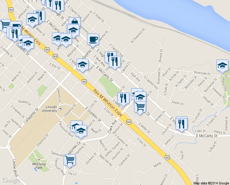map of restaurants, bars, coffee shops, grocery stores, and more near 1024 East McCarty Street in Jefferson City
