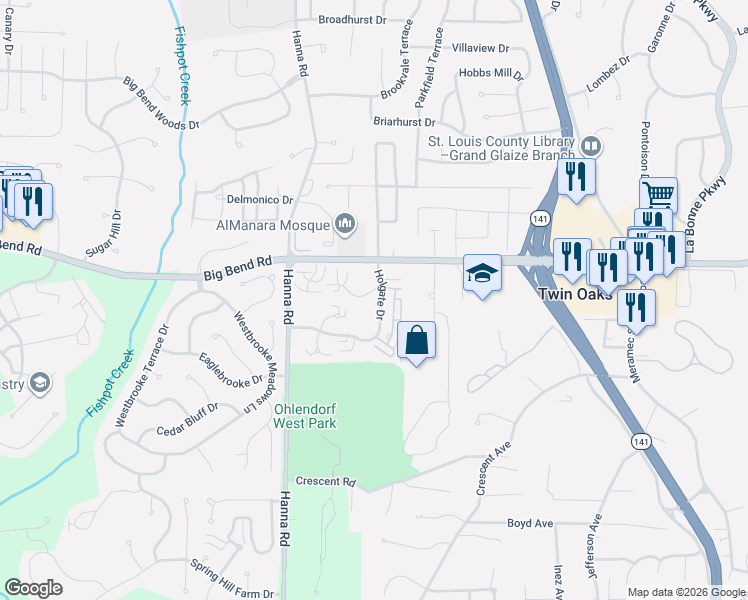 map of restaurants, bars, coffee shops, grocery stores, and more near 1324 Holgate Drive in Ballwin