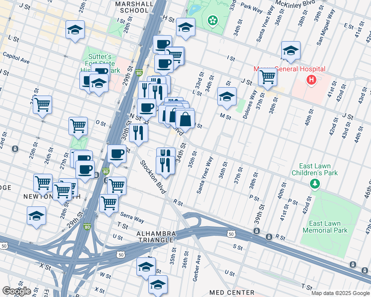 map of restaurants, bars, coffee shops, grocery stores, and more near 1491 34th Street in Sacramento