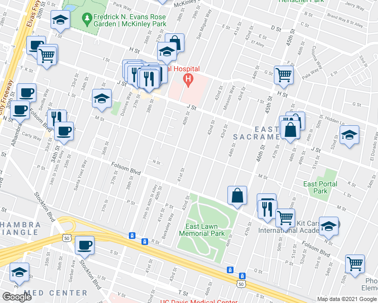 map of restaurants, bars, coffee shops, grocery stores, and more near 41st St & M St in Sacramento