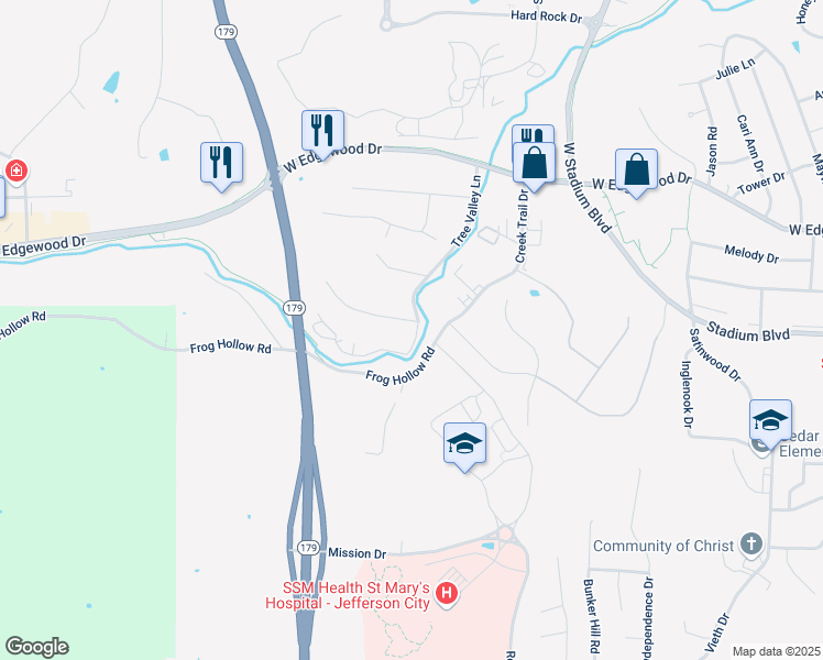 map of restaurants, bars, coffee shops, grocery stores, and more near 1459 Cedarwood Drive in Jefferson City