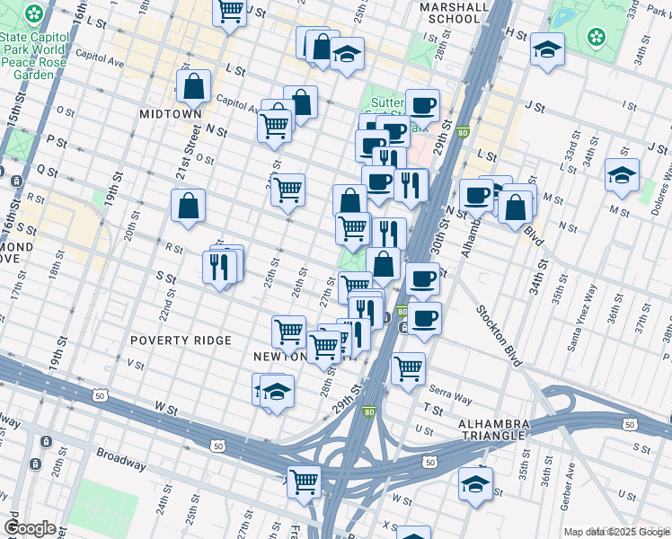 map of restaurants, bars, coffee shops, grocery stores, and more near Q St & 27th St in Sacramento