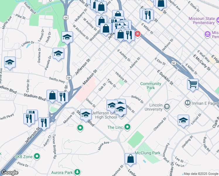 map of restaurants, bars, coffee shops, grocery stores, and more near 1004 Adams Street in Jefferson City