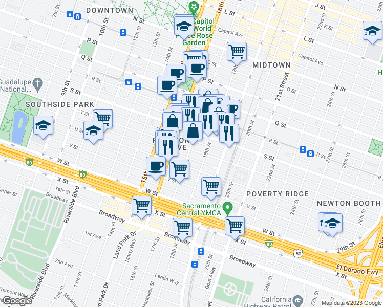 map of restaurants, bars, coffee shops, grocery stores, and more near 1700 T St in Sacramento