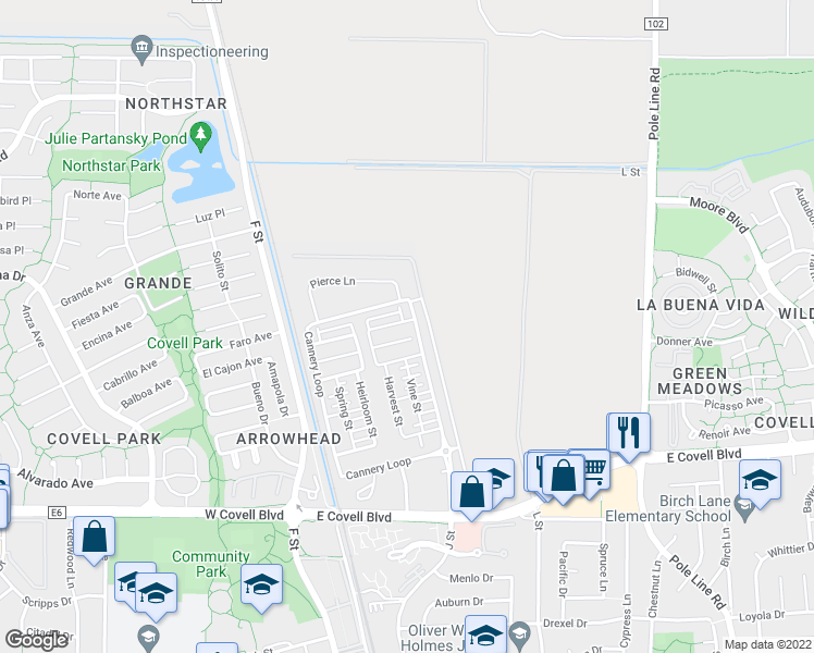 map of restaurants, bars, coffee shops, grocery stores, and more near 1066 Forbes Lane in Davis