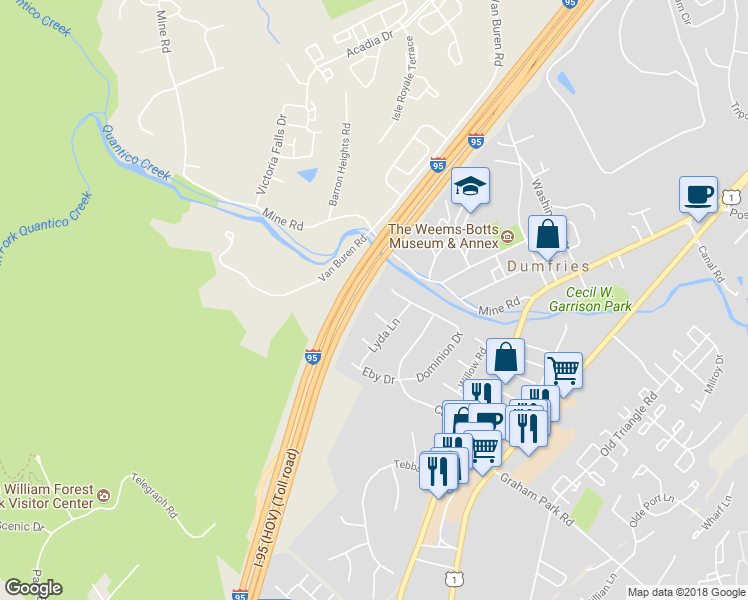 map of restaurants, bars, coffee shops, grocery stores, and more near 4140 Bassett Court in Dumfries