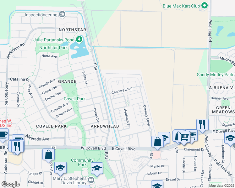 map of restaurants, bars, coffee shops, grocery stores, and more near 931 Perennial Terrace in Davis