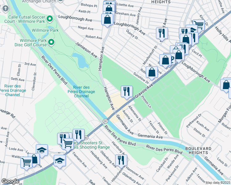 map of restaurants, bars, coffee shops, grocery stores, and more near 7312 Hampshire Drive in St. Louis
