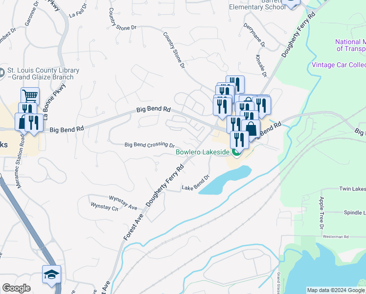 map of restaurants, bars, coffee shops, grocery stores, and more near 1312 Big Bend Crossing Drive in Valley Park