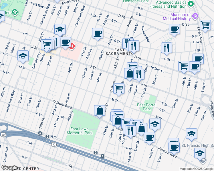 map of restaurants, bars, coffee shops, grocery stores, and more near 1109 45th Street in Sacramento