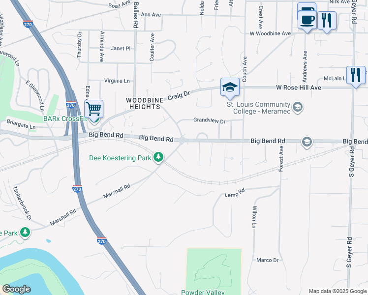 map of restaurants, bars, coffee shops, grocery stores, and more near 1406 Marshall Road in Kirkwood