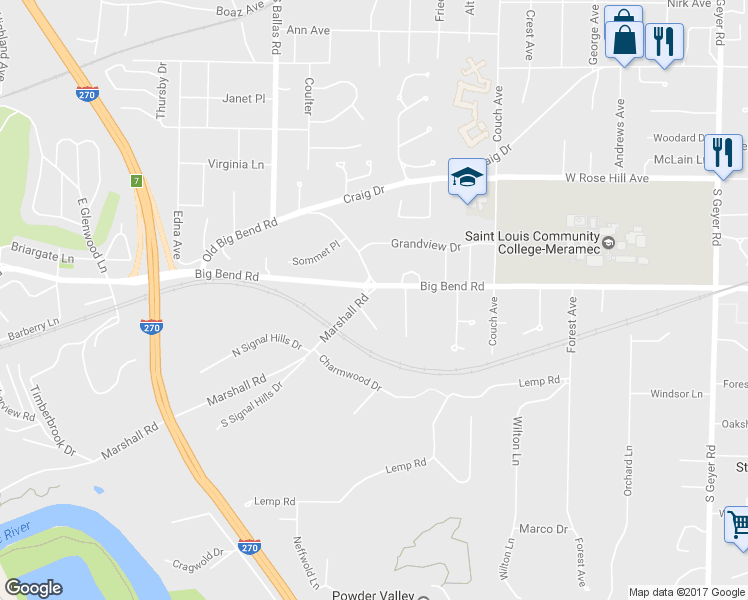 map of restaurants, bars, coffee shops, grocery stores, and more near 1406 Marshall Road in Kirkwood