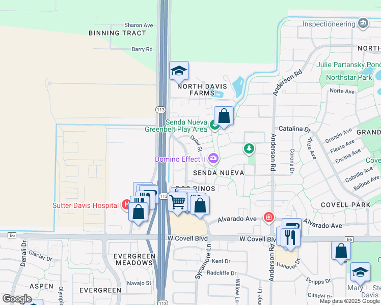 map of restaurants, bars, coffee shops, grocery stores, and more near 2696 Sycamore Lane in Davis