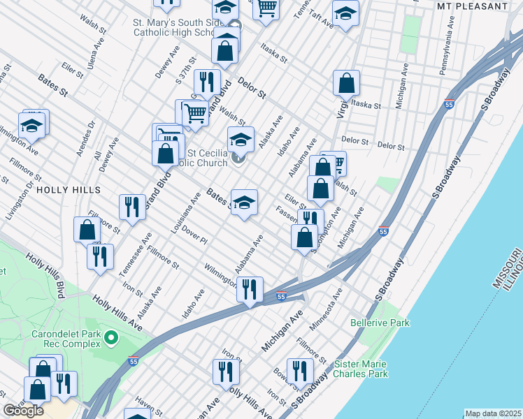 map of restaurants, bars, coffee shops, grocery stores, and more near 5457 Alabama Avenue in St. Louis