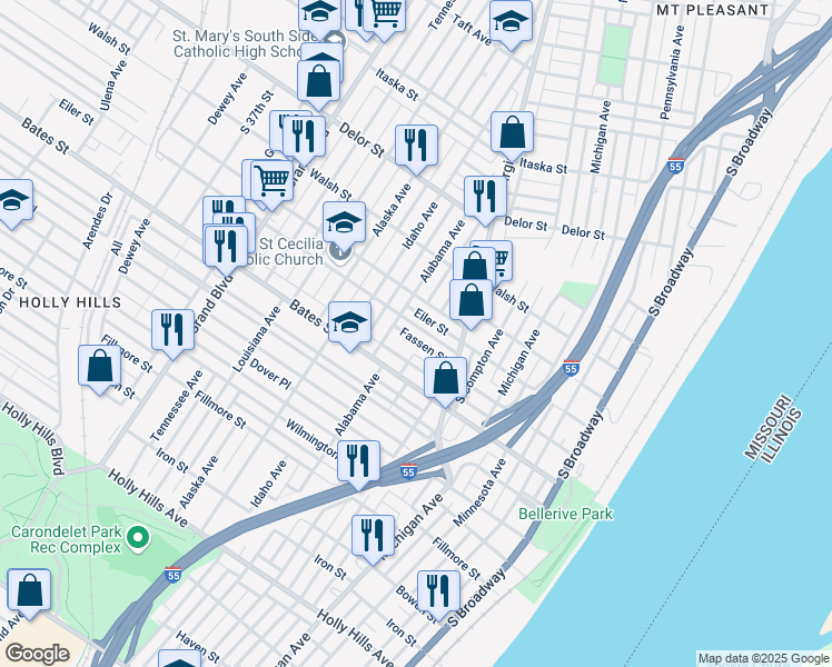 map of restaurants, bars, coffee shops, grocery stores, and more near 607 Fassen Street in St. Louis