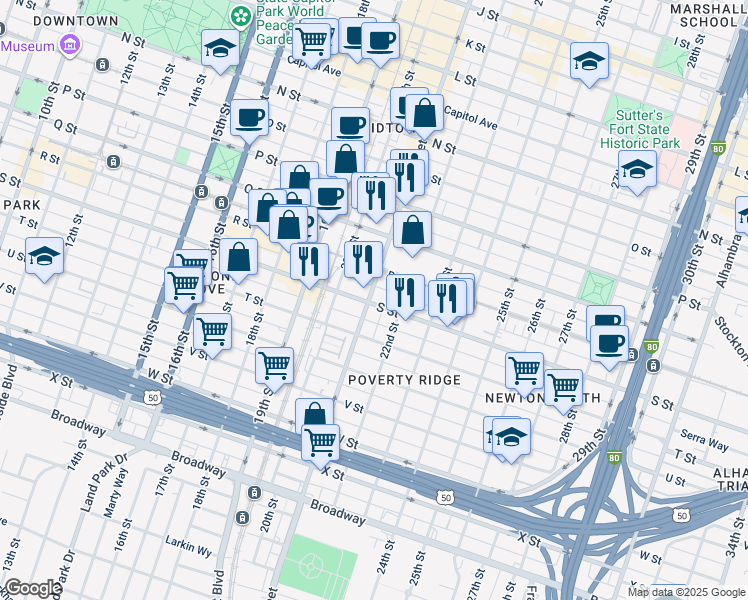 map of restaurants, bars, coffee shops, grocery stores, and more near 2117 S Street in Sacramento