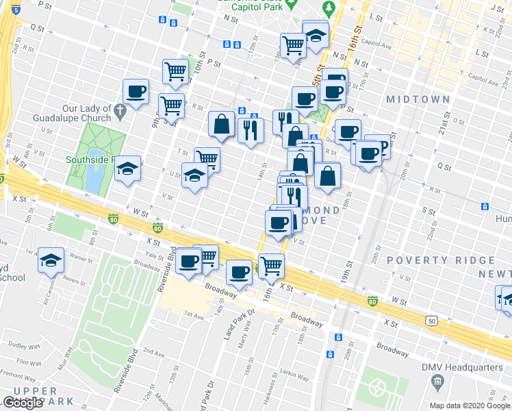 map of restaurants, bars, coffee shops, grocery stores, and more near 1414 U Street in Sacramento