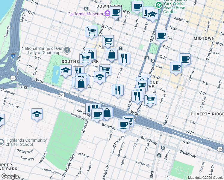 map of restaurants, bars, coffee shops, grocery stores, and more near 1221 V Street in Sacramento