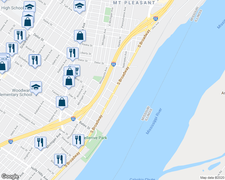 map of restaurants, bars, coffee shops, grocery stores, and more near 5025a South Broadway in St. Louis