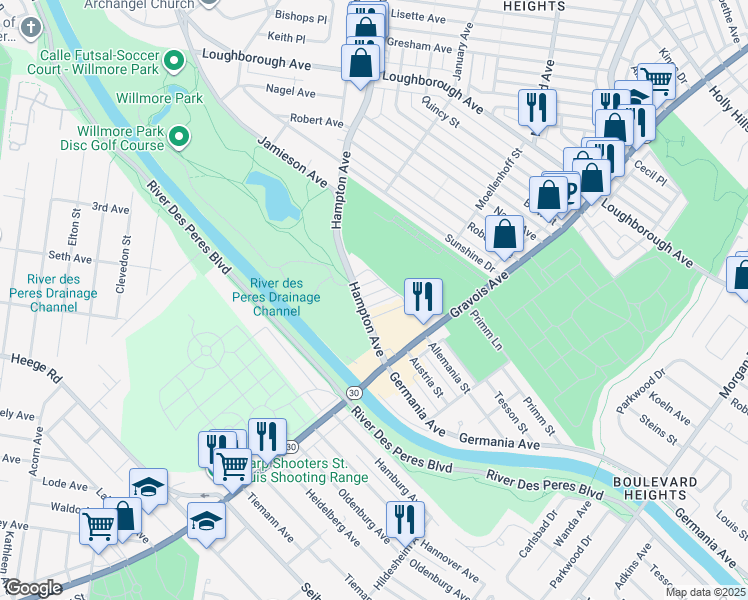 map of restaurants, bars, coffee shops, grocery stores, and more near 7312 Hampshire Drive in St. Louis