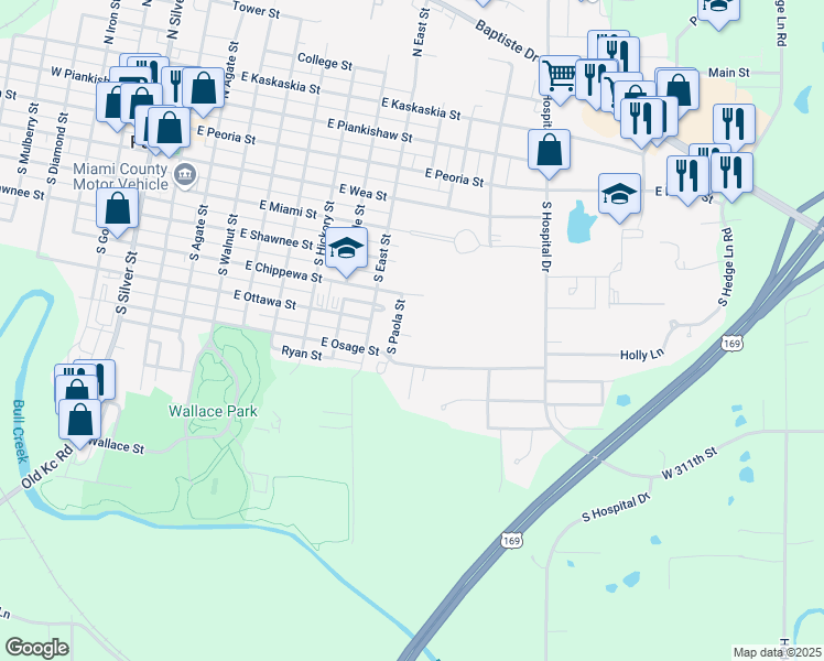 map of restaurants, bars, coffee shops, grocery stores, and more near 808 Cowell Street in Paola