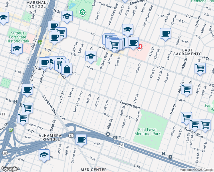 map of restaurants, bars, coffee shops, grocery stores, and more near 1348 38th Street in Sacramento