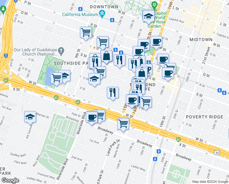 map of restaurants, bars, coffee shops, grocery stores, and more near 1300 U Street in Sacramento