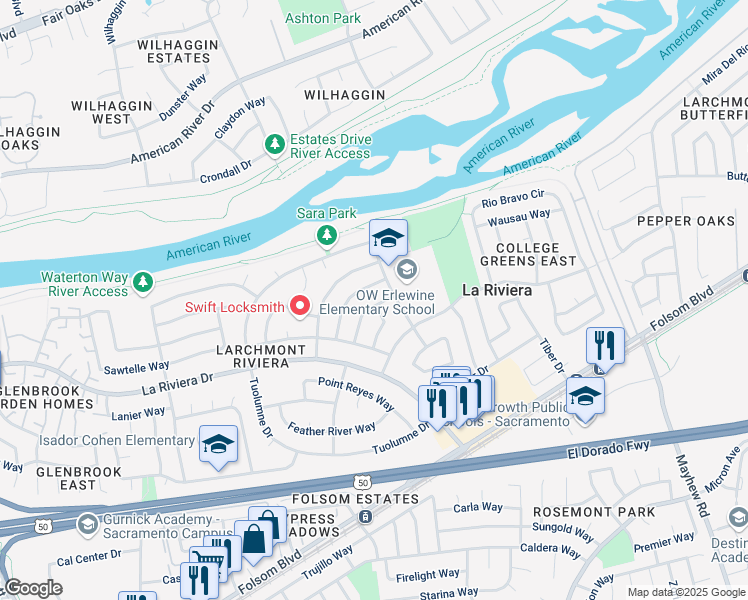 map of restaurants, bars, coffee shops, grocery stores, and more near 2524 Niagara Way in Sacramento