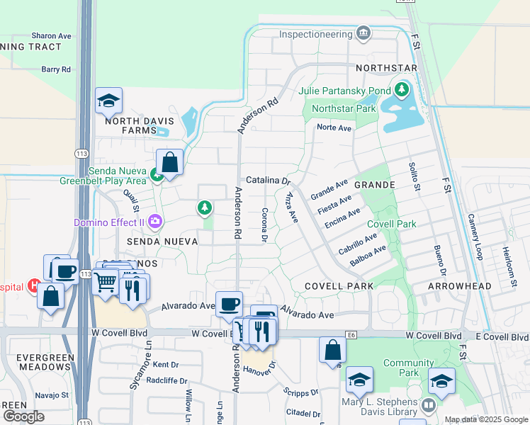 map of restaurants, bars, coffee shops, grocery stores, and more near 2715 Corona Drive in Davis