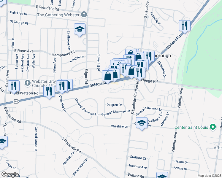 map of restaurants, bars, coffee shops, grocery stores, and more near 7478 Hardscrapple Drive in St. Louis
