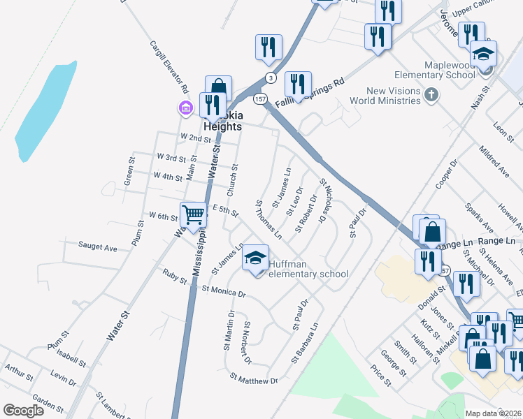 map of restaurants, bars, coffee shops, grocery stores, and more near 148 Saint Thomas Lane in Cahokia