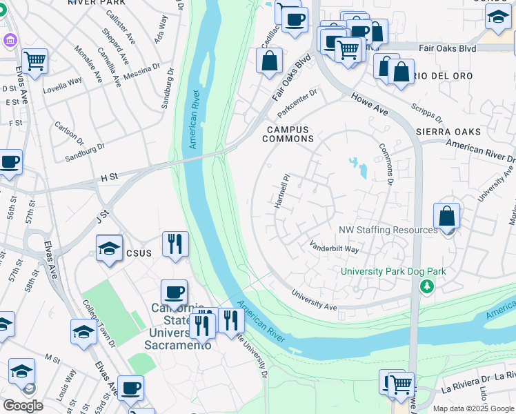 map of restaurants, bars, coffee shops, grocery stores, and more near 700 University Avenue in Sacramento