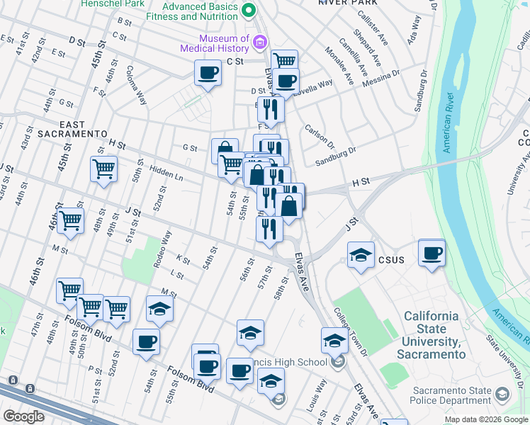 map of restaurants, bars, coffee shops, grocery stores, and more near 847 56th Street in Sacramento