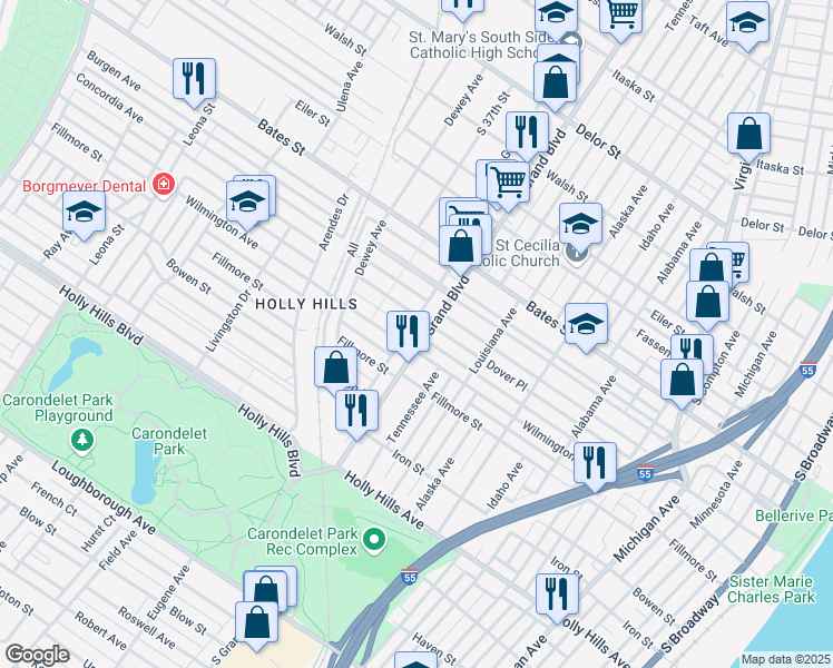 map of restaurants, bars, coffee shops, grocery stores, and more near 5815 South Grand Boulevard in St. Louis