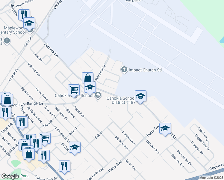 map of restaurants, bars, coffee shops, grocery stores, and more near 1124 Saint Benedict Drive in Cahokia