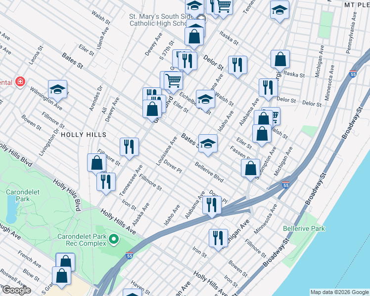 map of restaurants, bars, coffee shops, grocery stores, and more near 929 Bellerive Boulevard in St. Louis