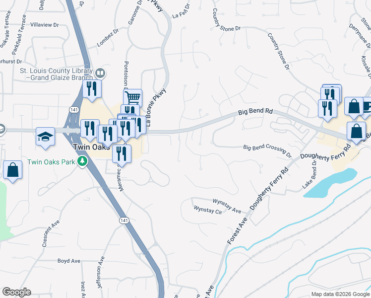 map of restaurants, bars, coffee shops, grocery stores, and more near 1129 Big Bend Station Drive in Valley Park
