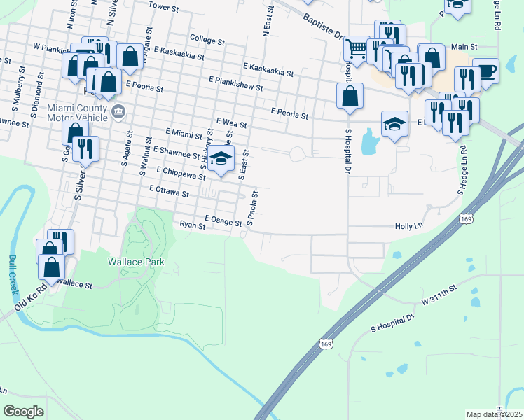 map of restaurants, bars, coffee shops, grocery stores, and more near 808 Cowell Street in Paola