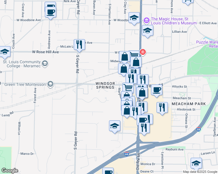 map of restaurants, bars, coffee shops, grocery stores, and more near 10902 Big Bend Road in Kirkwood
