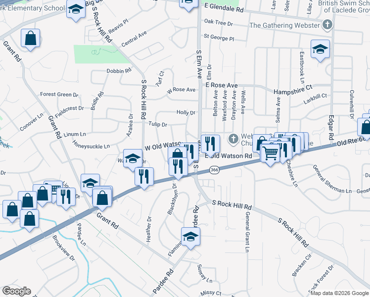 map of restaurants, bars, coffee shops, grocery stores, and more near 32 West Old Watson Road in St. Louis