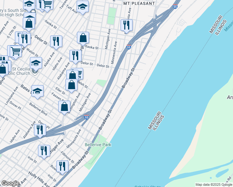 map of restaurants, bars, coffee shops, grocery stores, and more near 5023 South Broadway in St. Louis