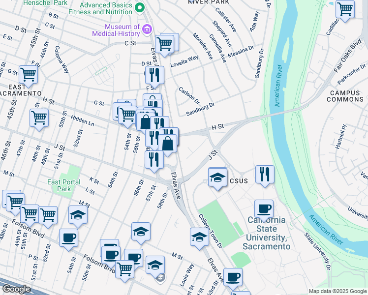 map of restaurants, bars, coffee shops, grocery stores, and more near 5901 Newman Court in Sacramento