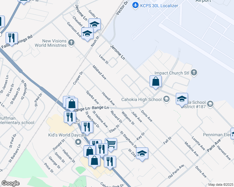 map of restaurants, bars, coffee shops, grocery stores, and more near 846 Mildred Avenue in Cahokia