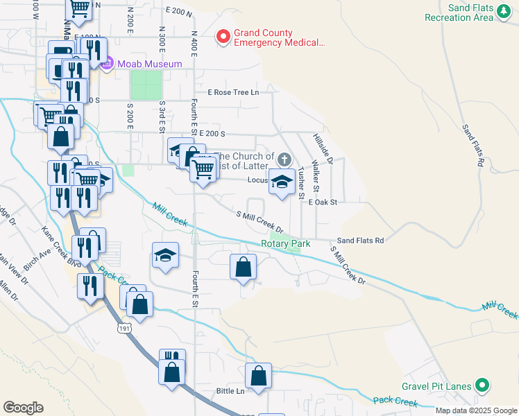 map of restaurants, bars, coffee shops, grocery stores, and more near 470 Loveridge Drive in Moab