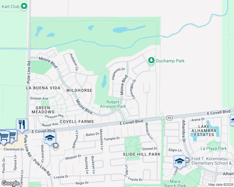 map of restaurants, bars, coffee shops, grocery stores, and more near 2600 Kline Court in Davis