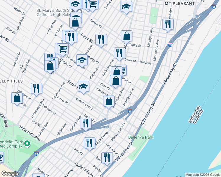 map of restaurants, bars, coffee shops, grocery stores, and more near 507 Eiler Street in St. Louis