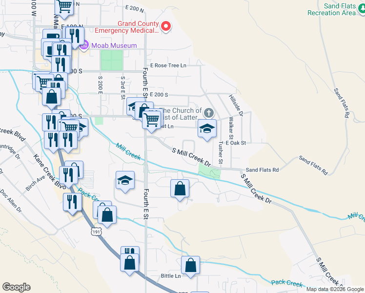 map of restaurants, bars, coffee shops, grocery stores, and more near 470 Loveridge Drive in Moab