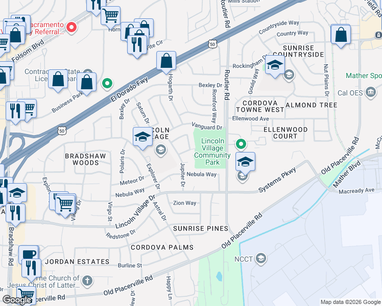map of restaurants, bars, coffee shops, grocery stores, and more near 10006 Cirrus Way in Sacramento