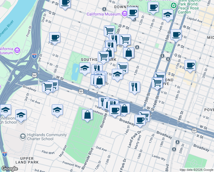 map of restaurants, bars, coffee shops, grocery stores, and more near 1022 V Street in Sacramento