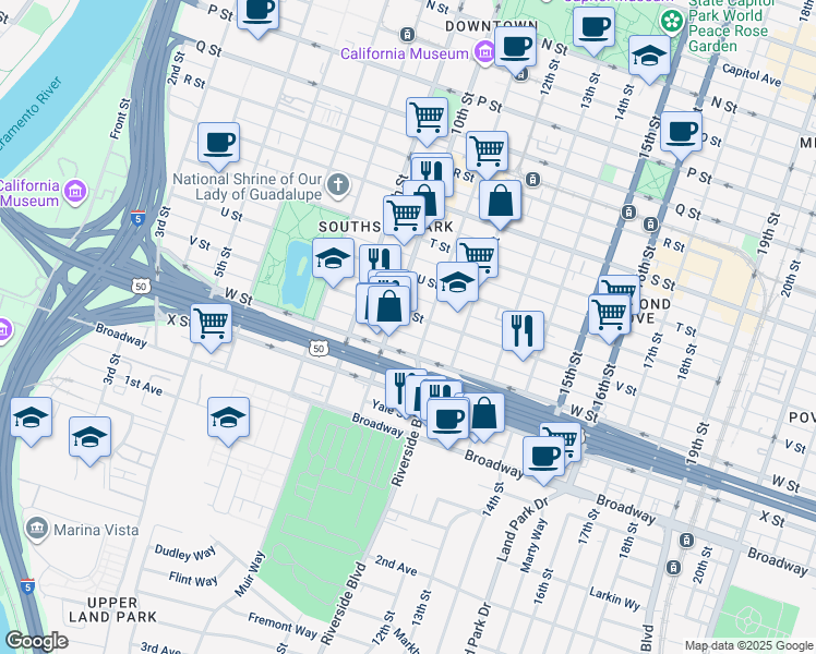 map of restaurants, bars, coffee shops, grocery stores, and more near 1022 V Street in Sacramento